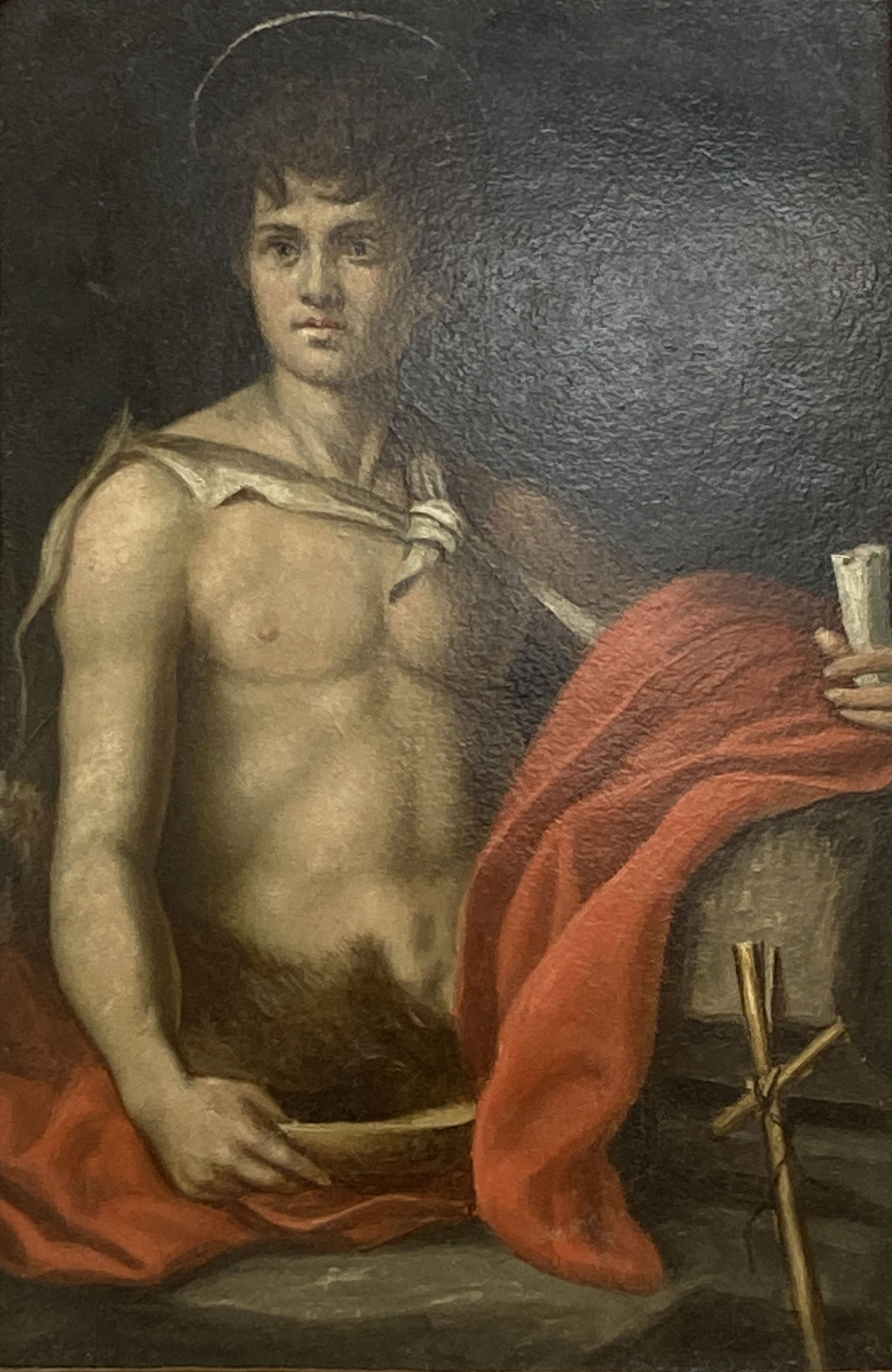 19th century Italian School, oil on panel, John the Baptist after Genovo Cali, 14 x 9cm, Florentine framed